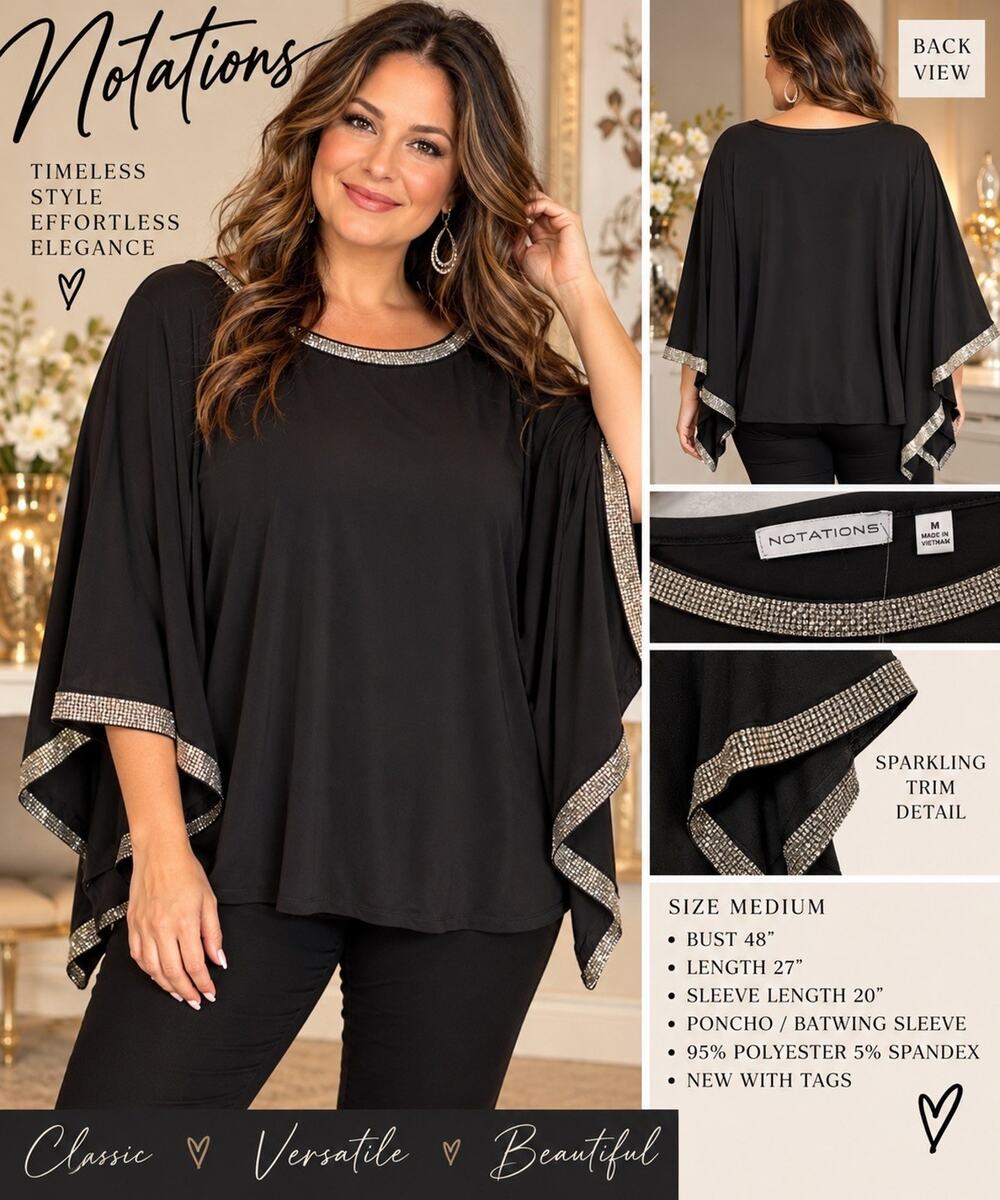 🆕Notations M Black Poncho Top Rhinestone Trim Batwing Handkerchief Sleeve NWT